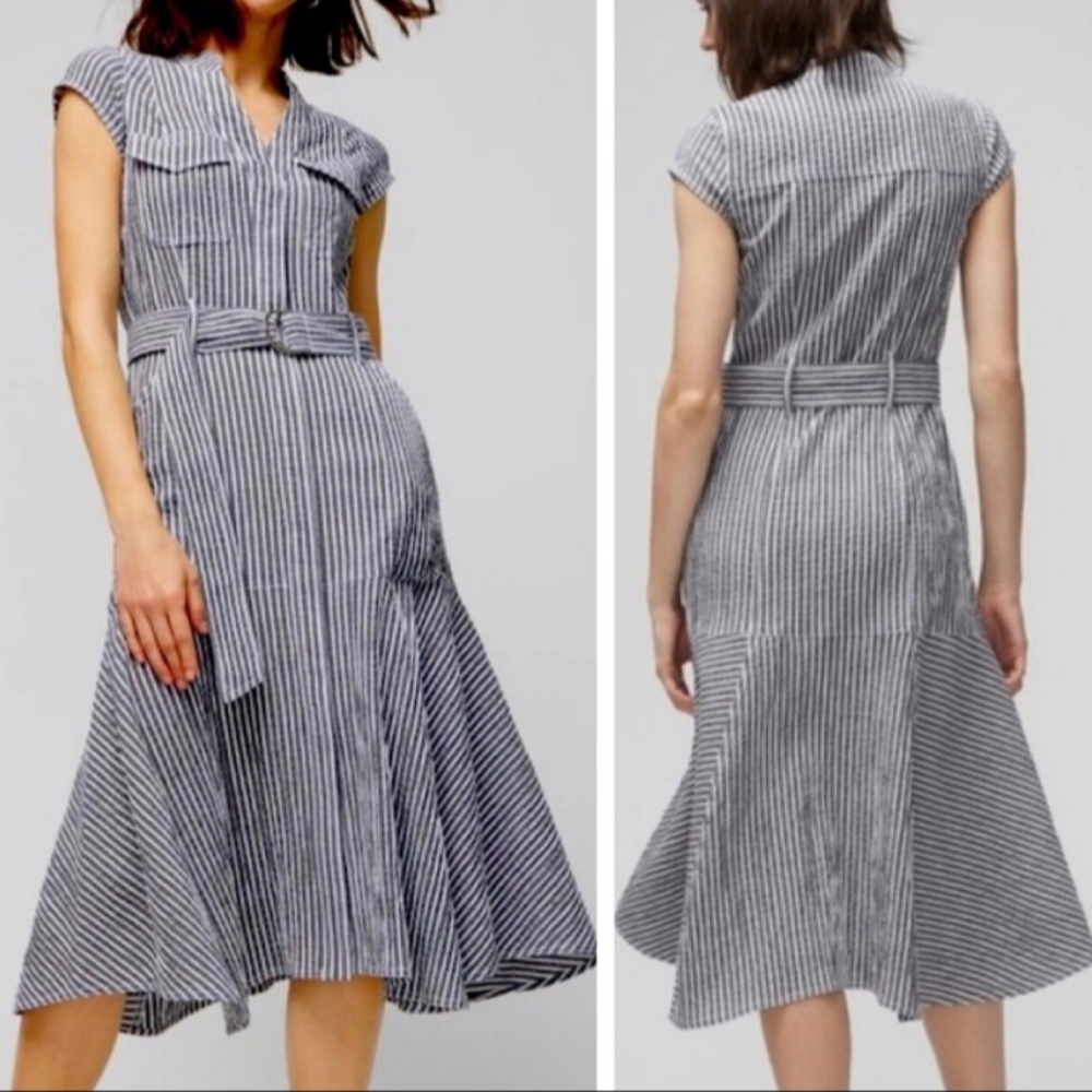 NWT White House Black Market Striped Belted Dress Size 10 Grey & White Striped